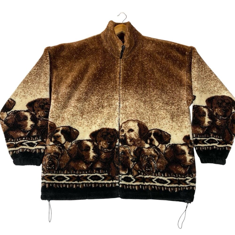 Cobblestone Canyon Puppy Dog Fleece Jacket Women’s XL USA Made Vintage 90s Brown